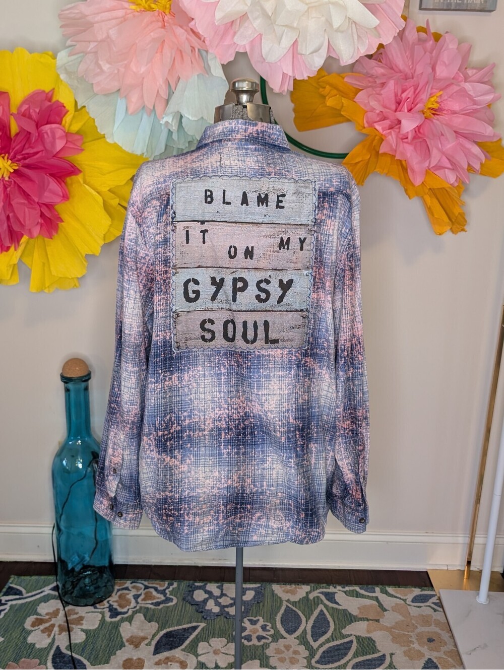 2141 - Angry Minnow Vintage Blue Plaid Button-Up Shirt w/ Gypsy Soul Back Patch